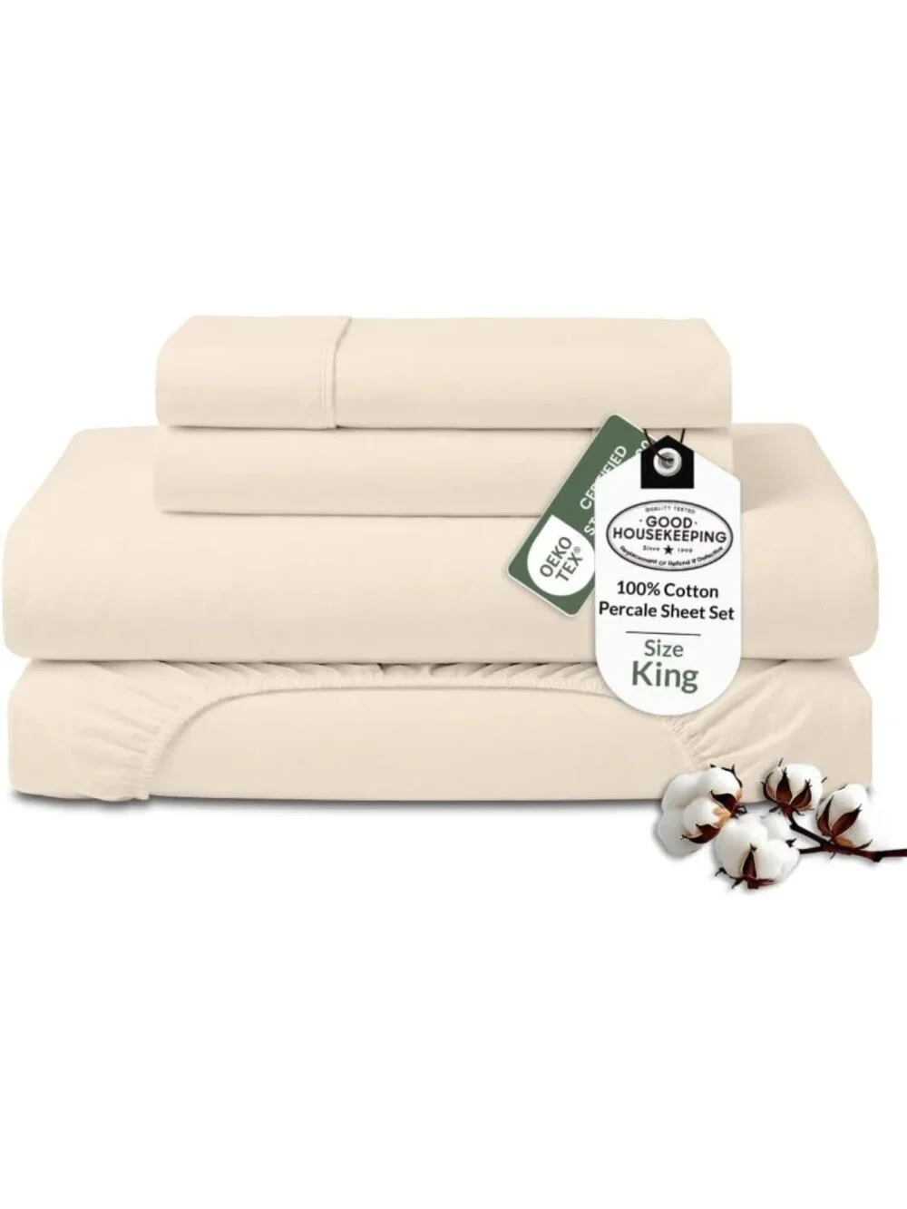 Organic Cotton King Sheet Set - 100% Percale Weave - 4 Pieces - Cream Bed Sheets